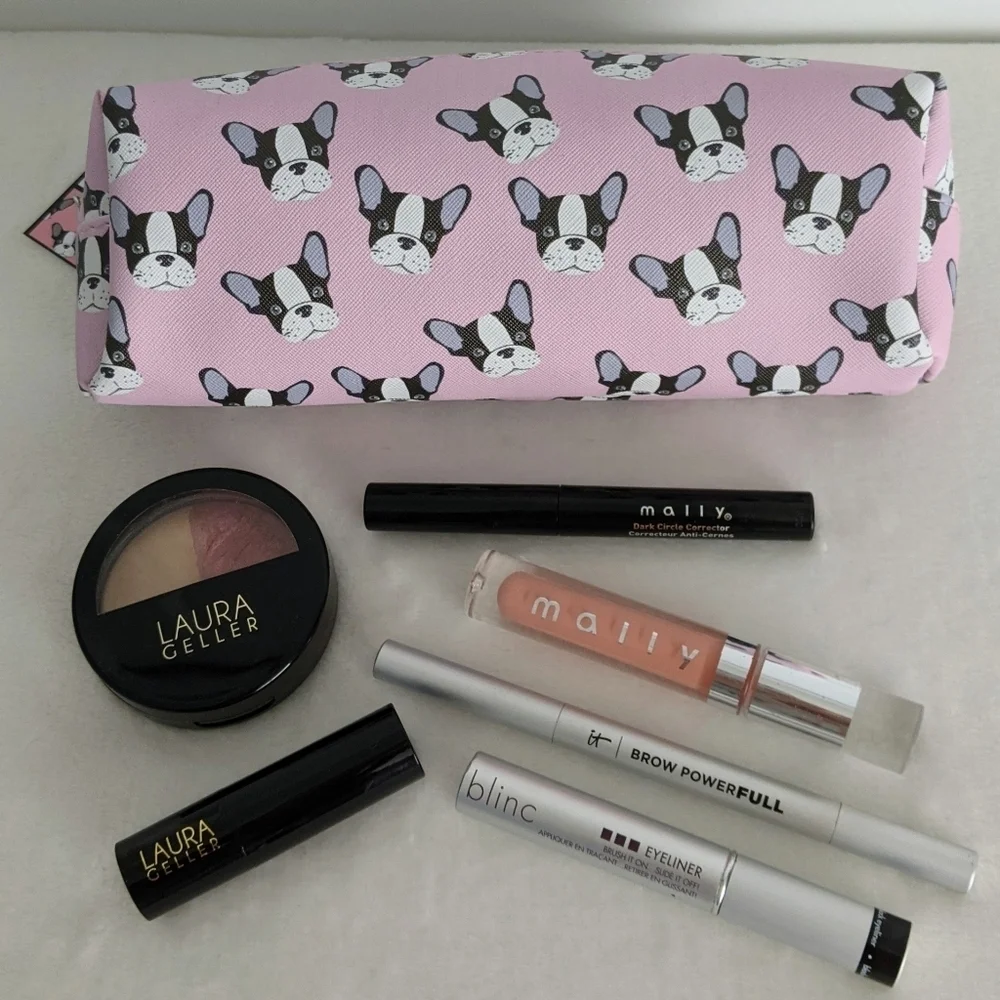 Boston Terrier Frenchie Small Cosmetic Pencil Case PVC Saffiano Pink NWT